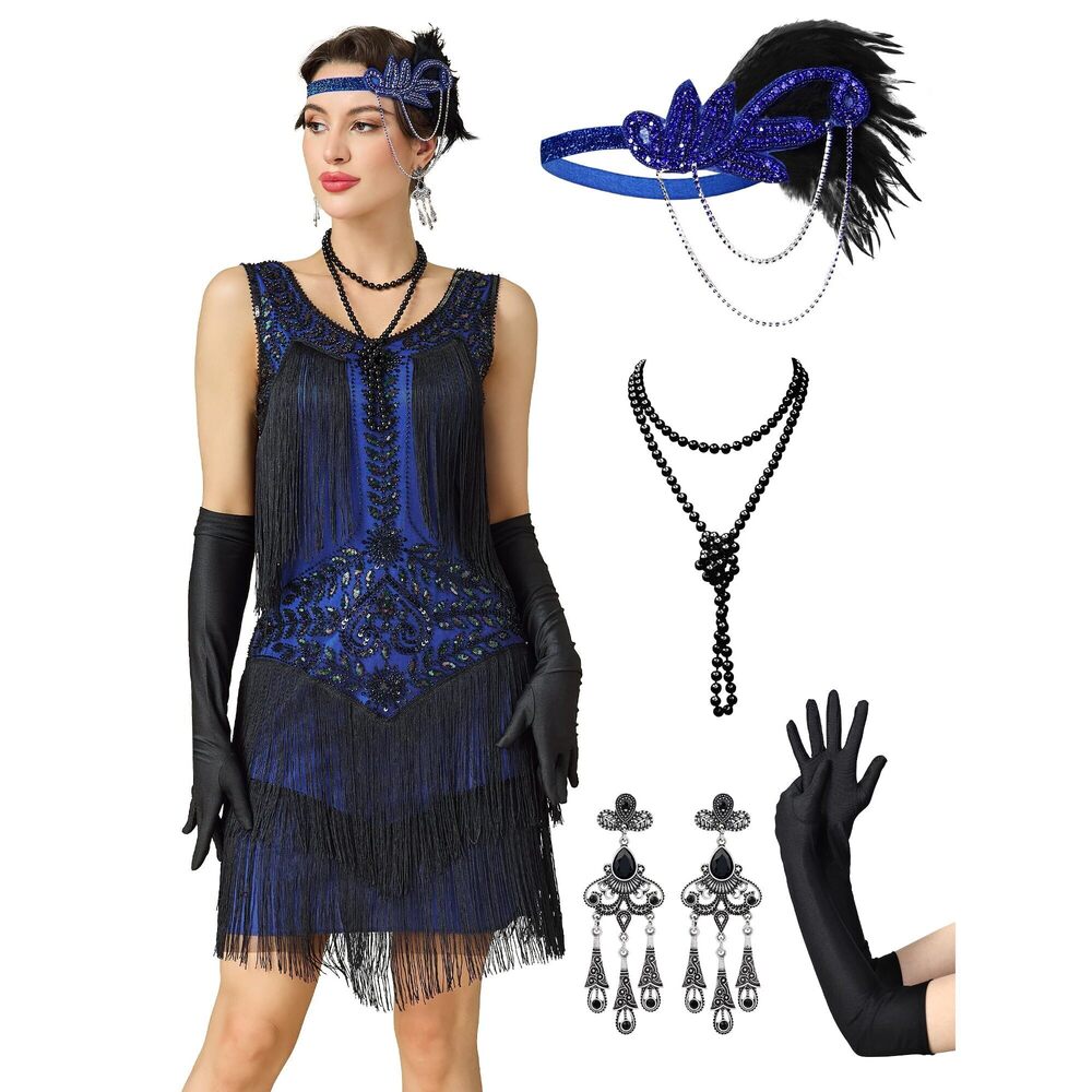 3568 1920s Flapper Dresses For Women,lace V Neck Great Gatsby
